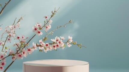 Empty podium or pedestal with spring bloom Mock up for cosmetic products : Generative AI