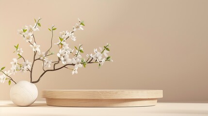 Geometric empty podium wooden platform stand for product presentation and spring flowering tree branch with white flowers on pastel beige background : Generative AI