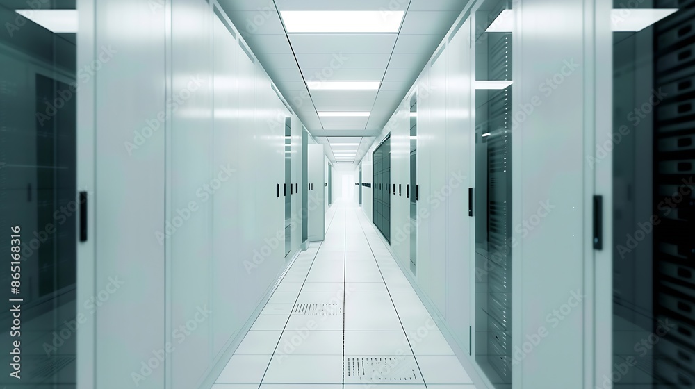Poster Inside Large Data Center Advanced Cloud Computing Concept Corridor with Server Racks and Cabinets full of Hard Drives : Generative AI