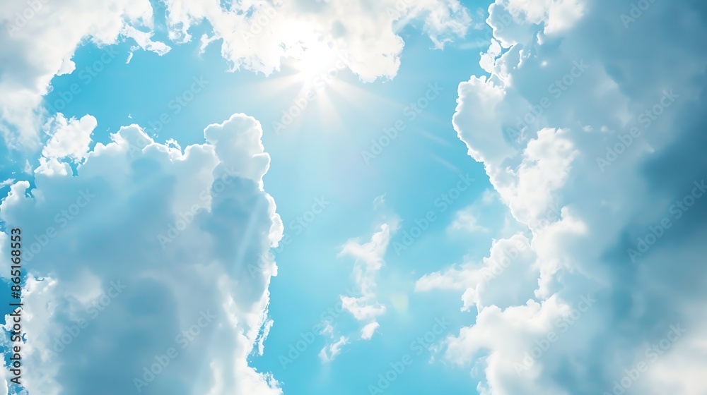 Poster beautiful blue sky and white clouds of various shapes with sunlight nature background : generative a