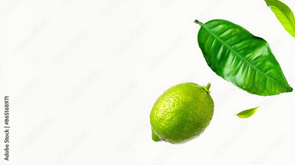 Poster lime with green leaf flying in the air isolated on white background : generative ai