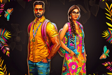 Fototapeta premium A man and woman are standing next to each other in a colorful background