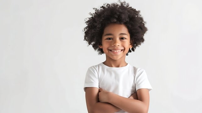Cute smiling boy between 56 years old with dark skin with afro hair posing on a white background The boy poses with his arms crossed while looking at the camera Childrens fashion conce : Generative AI