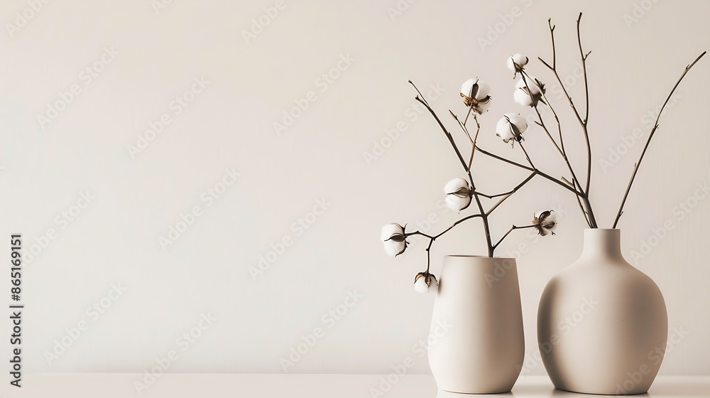 Poster beige ceramic vases with dry cotton branches stylish and minimalistic background for display your pr