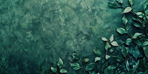 A captivating abstract painting with a deep green textured surface and an arrangement of green leaves. copy space