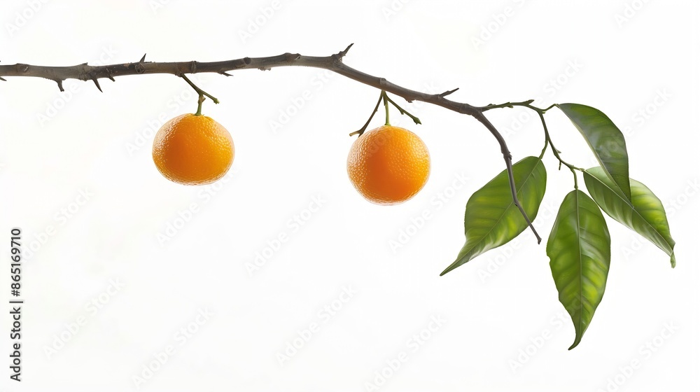 Poster Two orange fruits hanging with branch isolated on white background Clipping path : Generative AI