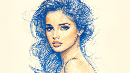 Fototapeta premium A woman with blue hair and blue eyes is drawn in pencil