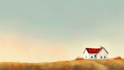 Serene countryside with a white house and red roof standing in the middle of a field under a clear, calm sky, perfect for rustic-themed projects.