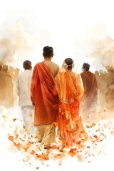 Fototapeta premium A bride and groom in traditional attire walk through a cloud of petals, surrounded by family and friends at their wedding ceremony.