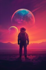 A lone astronaut gazes at the mesmerizing view of glowing planets against a vibrant sunset sky, evoking a sense of exploration and wonder.