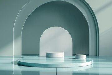 Minimalistic 3D rendering of empty round podiums for product display. Modern, elegant showcase with arch shapes on the wall. Concept of exhibition, presentation, and advertising.