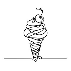 Sweet Delight: One Line Ice Cream with Cherry. Continuous one line drawing of ice cream with cherry. Ice cream gelato outline vector illustration.