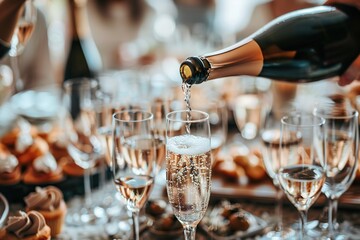 Party and holiday celebration concept. Many glasses of champagne on the table in the restaurant. Waiter pouring white sparkling wine from bottle to glass. Drinks Serving. Weekend festival, wedding