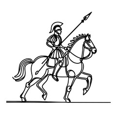 Ancient Cavalry: Continuous Line Illustration of Roman and Gladiator. Equestrian Glory: Continuous Line Roman Knight and Gladiator. Gladiator riding horse and holding spear single outline vector.