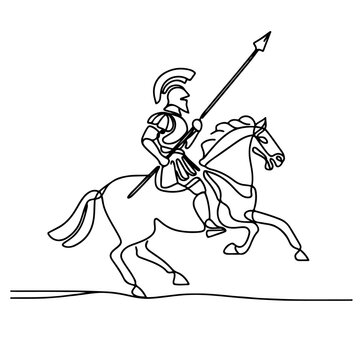 recommend clip art: Ancient Cavalry: Continuous Line Illustration of Roman and Gladiator. Equestrian Glory: Continuous Line Roman Knight and Gladiator. Gladiator riding horse and holding spear single outline vector.