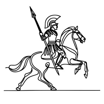 recommend clip art: Ancient Cavalry: Continuous Line Illustration of Roman and Gladiator. Equestrian Glory: Continuous Line Roman Knight and Gladiator. Gladiator riding horse and holding spear single outline vector.