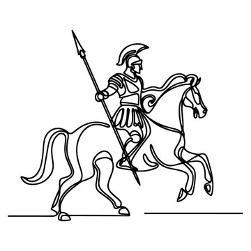 recommend clip art: Ancient Cavalry: Continuous Line Illustration of Roman and Gladiator. Equestrian Glory: Continuous Line Roman Knight and Gladiator. Gladiator riding horse and holding spear single outline vector.