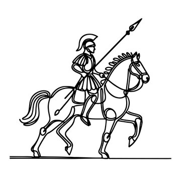 recommend clip art: Ancient Cavalry: Continuous Line Illustration of Roman and Gladiator. Equestrian Glory: Continuous Line Roman Knight and Gladiator. Gladiator riding horse and holding spear single outline vector.