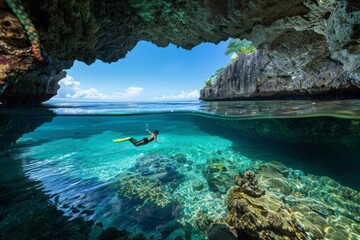 A person diving or snorkeling in a hidden underwater cave surrounded by crystal clear waters and unique marine life showcasing underwater adventure