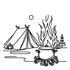 Continuous One Line Drawing of Camping Tent and Bonfire: Editable Stroke Vector. Camping tent outdoor and Bonfire single line art vector illustration.