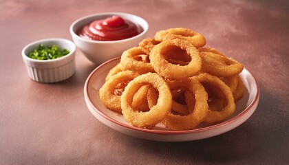 Homemade crunchy deep fried onion rings in plate with sauce