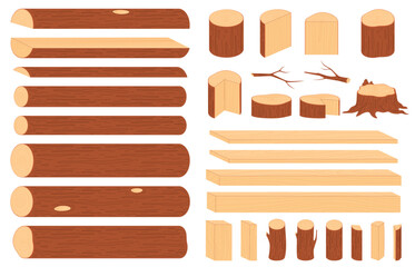 A set of wooden logs, boards. Wood Harvesting, woodworking industry. Raw materials for the production of furniture. Harvesting firewood for the winter. Vector illustration