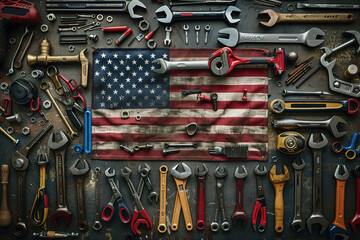 Happy Labor day. Wrench engineer constructor tools on american flag.