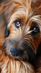 A stray homelss briard dog with brown fur and a black nose looking at the camera