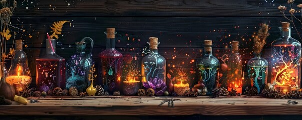 A magical display of colorful potion bottles glowing and sparkling on a wooden shelf, exuding a mystical and enchanting atmosphere.