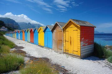 Naklejka premium A row of colorful beach huts along a sandy shore, each painted in bright, cheerful colors.