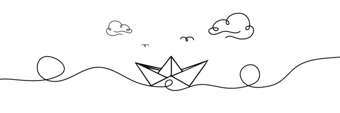 recommend clip art: One continuous line paper ship with clouds and seagulls isolated on white background. Vector illustration.