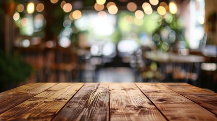 Empty wooden table with blurred background of cafe and restaurant.