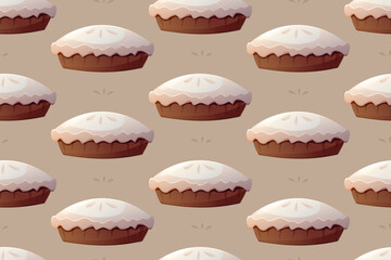 Sweet baked sponge cake or pie with white icing. Vector seamless cartoon pattern of baking.