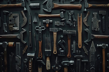 Old and worn work tools on large American flag - Labor day background