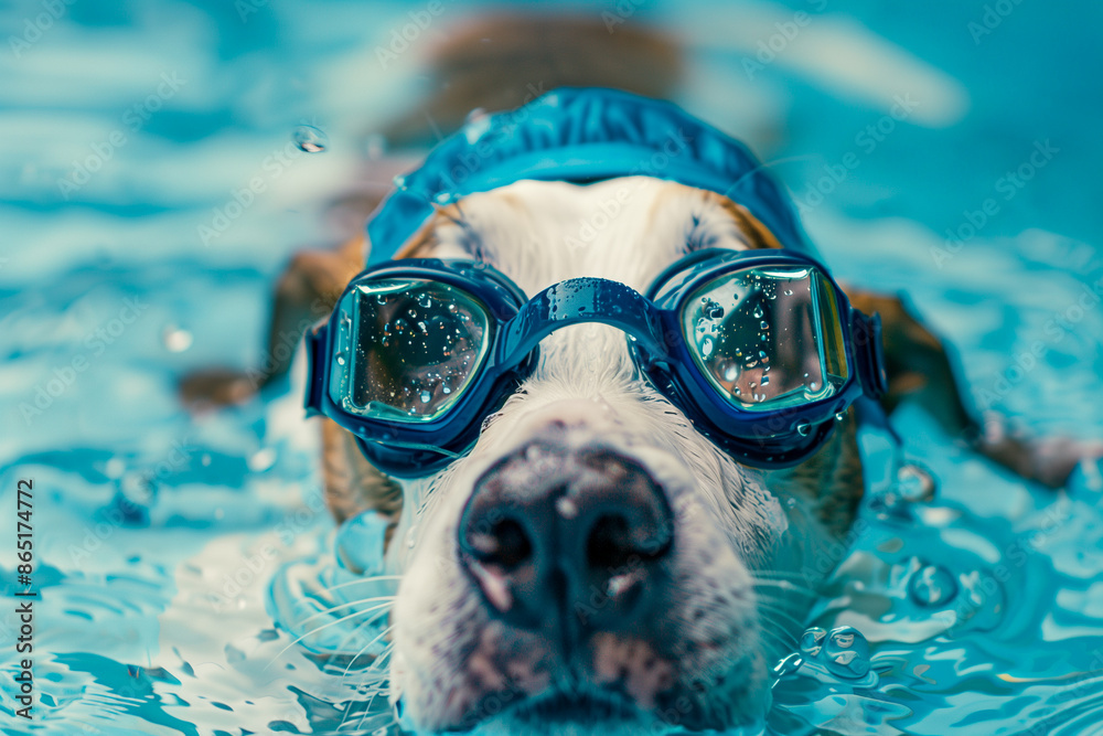 Wall mural portrait of a cute dog swimming in the pool