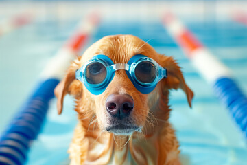 Portrait of a cute dog swimming in the pool