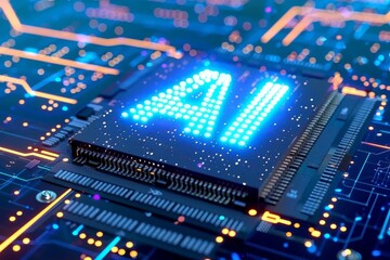 Fototapeta premium AI Processor on Circuit Board, High tech Technology, Blue and Pink Light, Digital Innovation, Artificial Intelligence