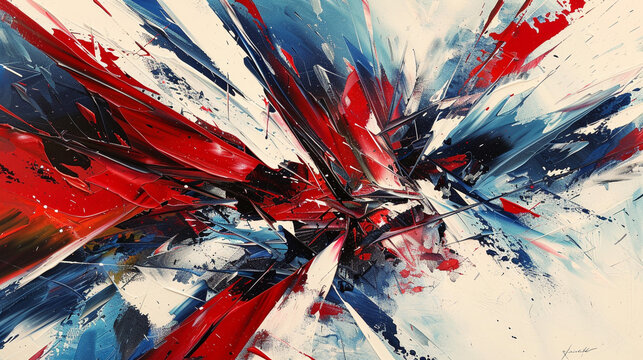 An abstract painting featuring bold, fragmented shapes in red, white, and blue, with elements of the American flag subtly woven into the design, creating a sense of dynamic movement.