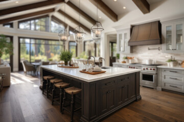 Fototapeta premium A traditional kitchen in a beautiful new luxury home with hardwood floors, wood beams, and a spacious island featuring quartz countertops. The kitchen includes a farmhouse sink. Generative Ai.