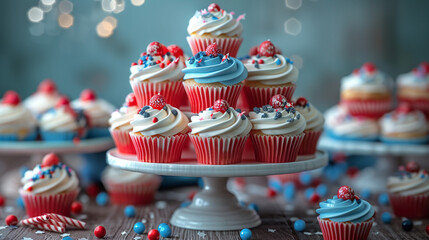 A beautifully decorated cupcake stand with a variety of 4th of July-themed cupcakes.