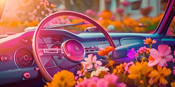 retro car interior with colorful blooming flowers and steering wheel 4K Video