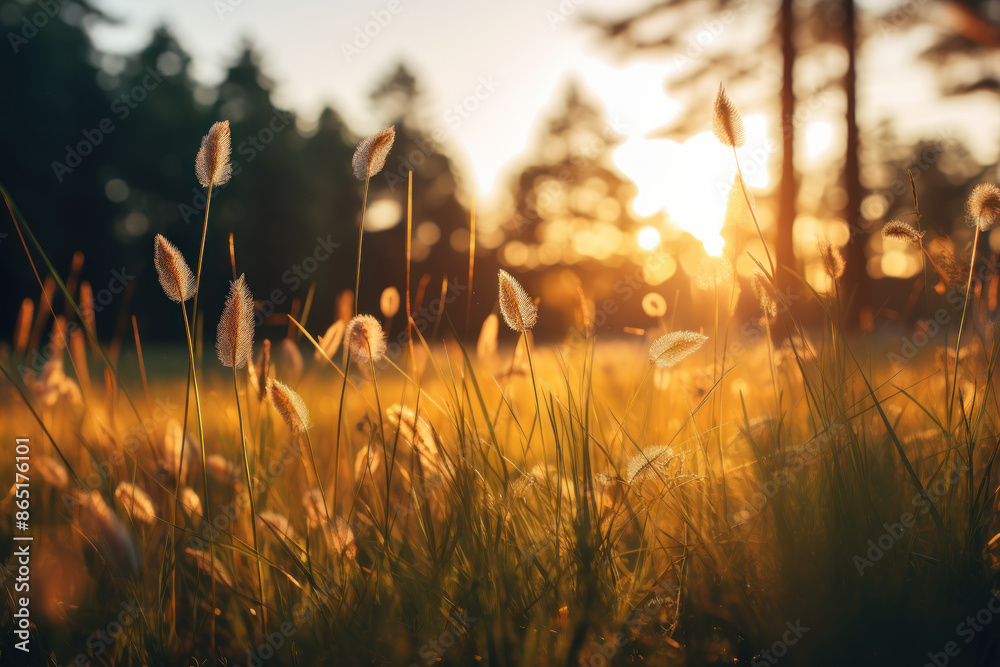 Canvas Prints a forest clearing at sunset, with wild grass standing tall and casting captivating macro images. the