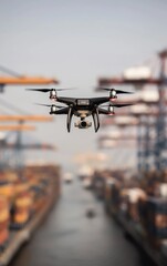 A drone flying over a shipping port with cargo containers in the background, showcasing technology in transportation and logistics.