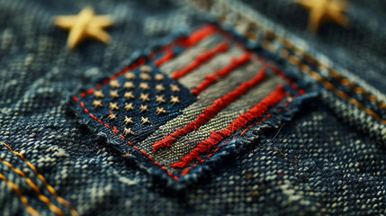 A detailed close-up of an American flag patch on a denim jacket, with fireworks reflecting in the background.