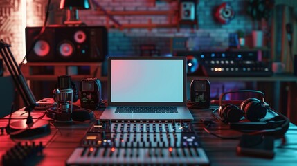 Creative Chaos Podcast Host Preparing for a Captivating Episode in a Studio with Laptop Microphone and Sound Mixer