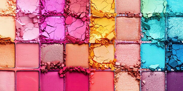 Close-up of colorful broken eyeshadow palettes, featuring a mix of bold pinks, purples, and blues, highlighting the textures and variety in makeup products.