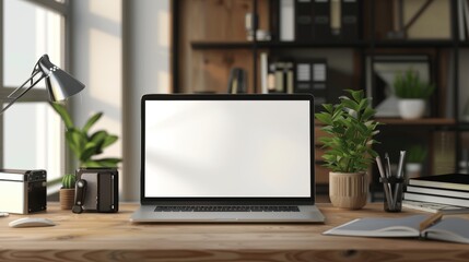 Fototapeta premium Effortless Efficiency Transformative Workspace Organization with Blank Screen Laptop and Stylish Desk Accessories