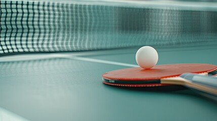 A green surface with two red table tennis paddles and a red ball
