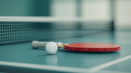 A green surface with two red table tennis paddles and a red ball