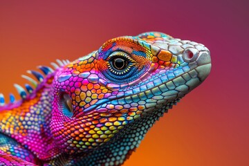 Naklejka premium Vibrant close-up of a beautifully multicolored chameleon, showcasing its stunning and intricate patterns against a gradient background.